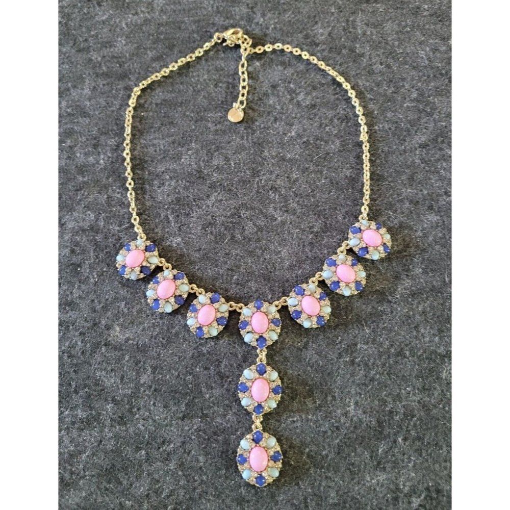 Talbots 18-21 Inch Pink, Blue Cabochon with Rhinestone Statement Necklace